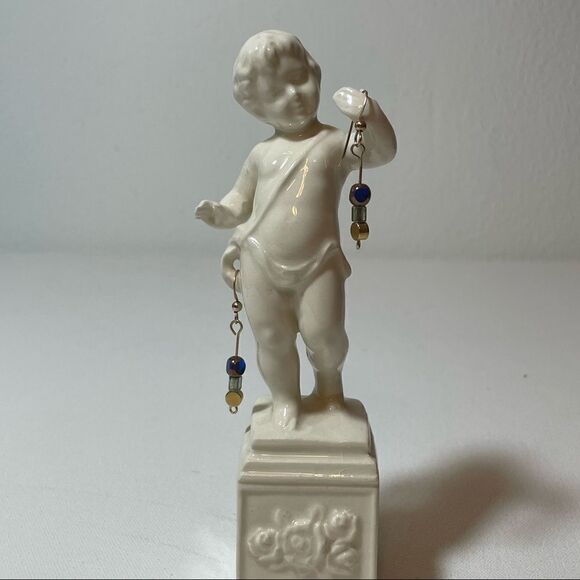 Gold tone earrings with blue and green Czech glass beads - Picture 2 of 7